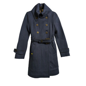Soia & Kyo Double Breasted City Trench Pea Coat Wool Pockets Navy Blue S